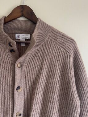 Brunello Cucinelli 100% Cashmere Ribbed Cardigan in Taupe